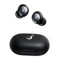 Black true wireless in-ear earbuds with charging case, top view