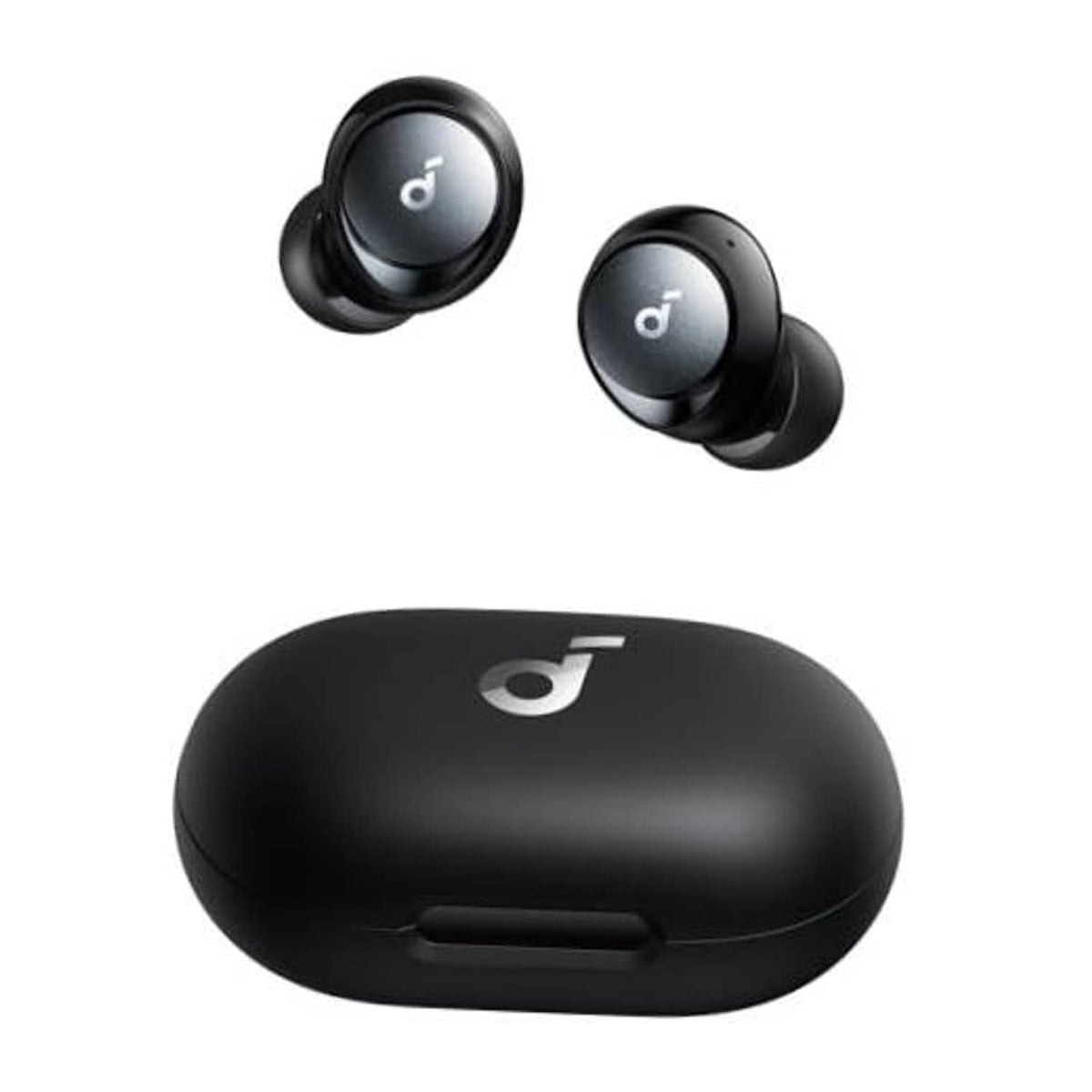 Black true wireless in-ear earbuds with charging case, top view