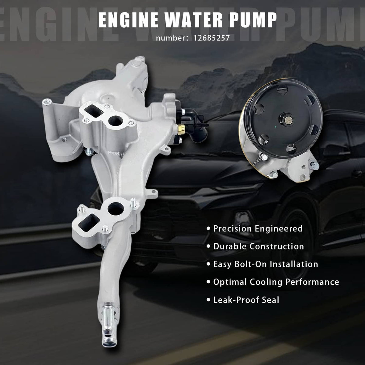 Water pump with thermostat, silver pump body with black pulley and multiple mounting ports