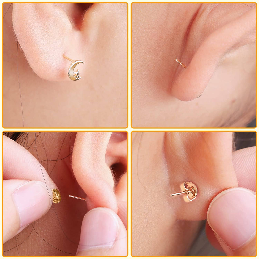 Close-up of gold butterfly earring back clasping on stud earring post