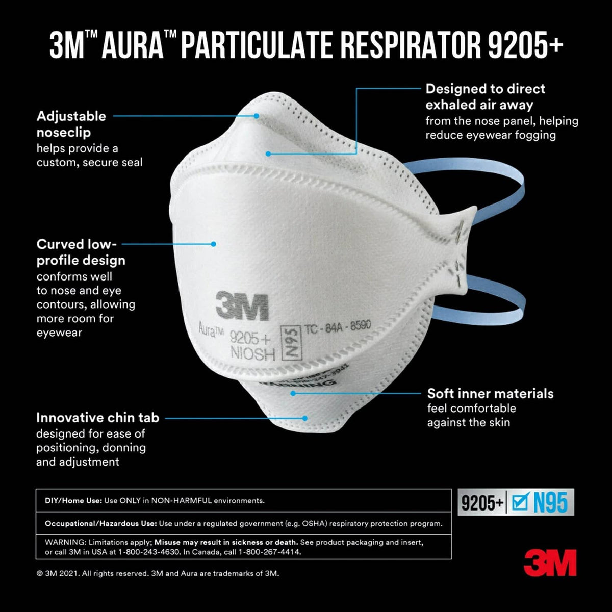 White 3M AURA particulate respirator with blue head straps and molded nose area