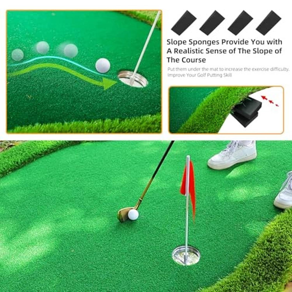 Golf putting green mat with training slope features, holes, and red flag markers