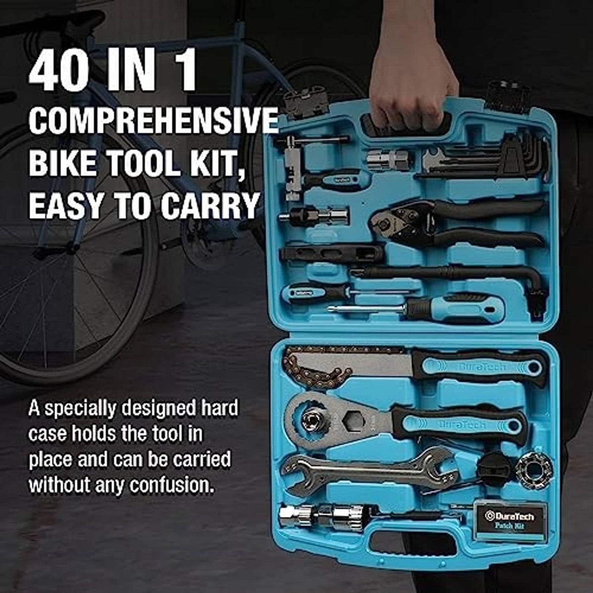 Teal bike tool kit case open showing wrenches, sockets, and a tire repair tool