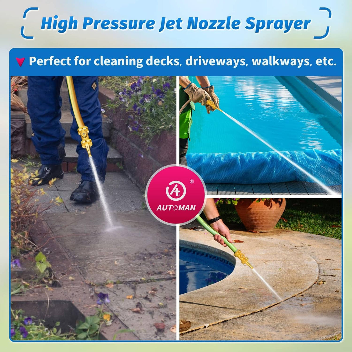 Brass high-pressure jet nozzle spraying water on driveway and walkway surfaces