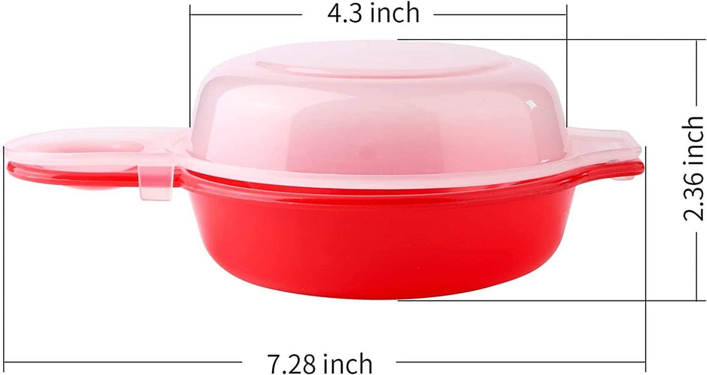 Red microwave egg maker with clear dome lid and two side handles, compact oval base
