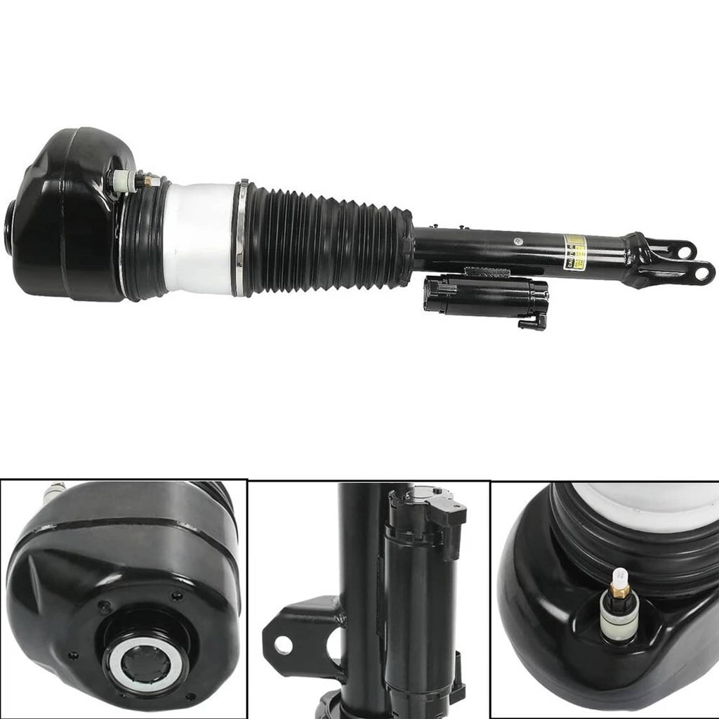 Front right air suspension shock strut with black rubber air spring and metal body