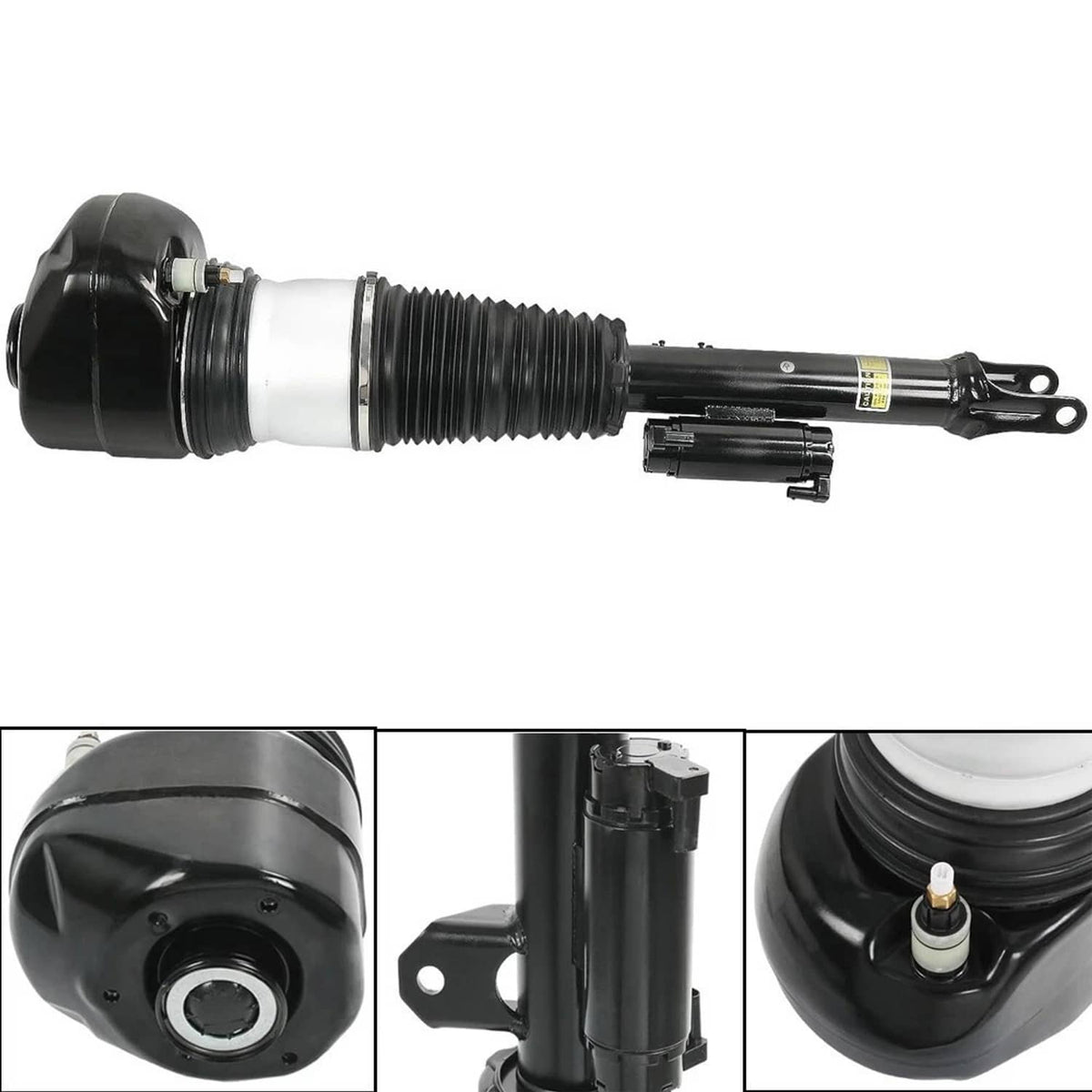 Front right air suspension shock strut with black rubber air spring and metal body