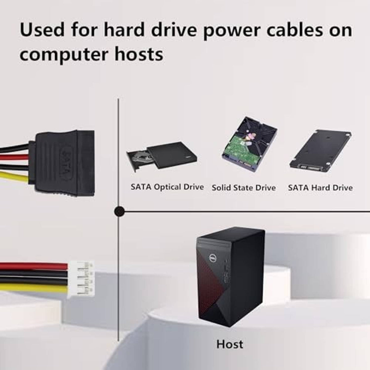 SATA power adapter cable for hard drive power connections, multicolor wire harness