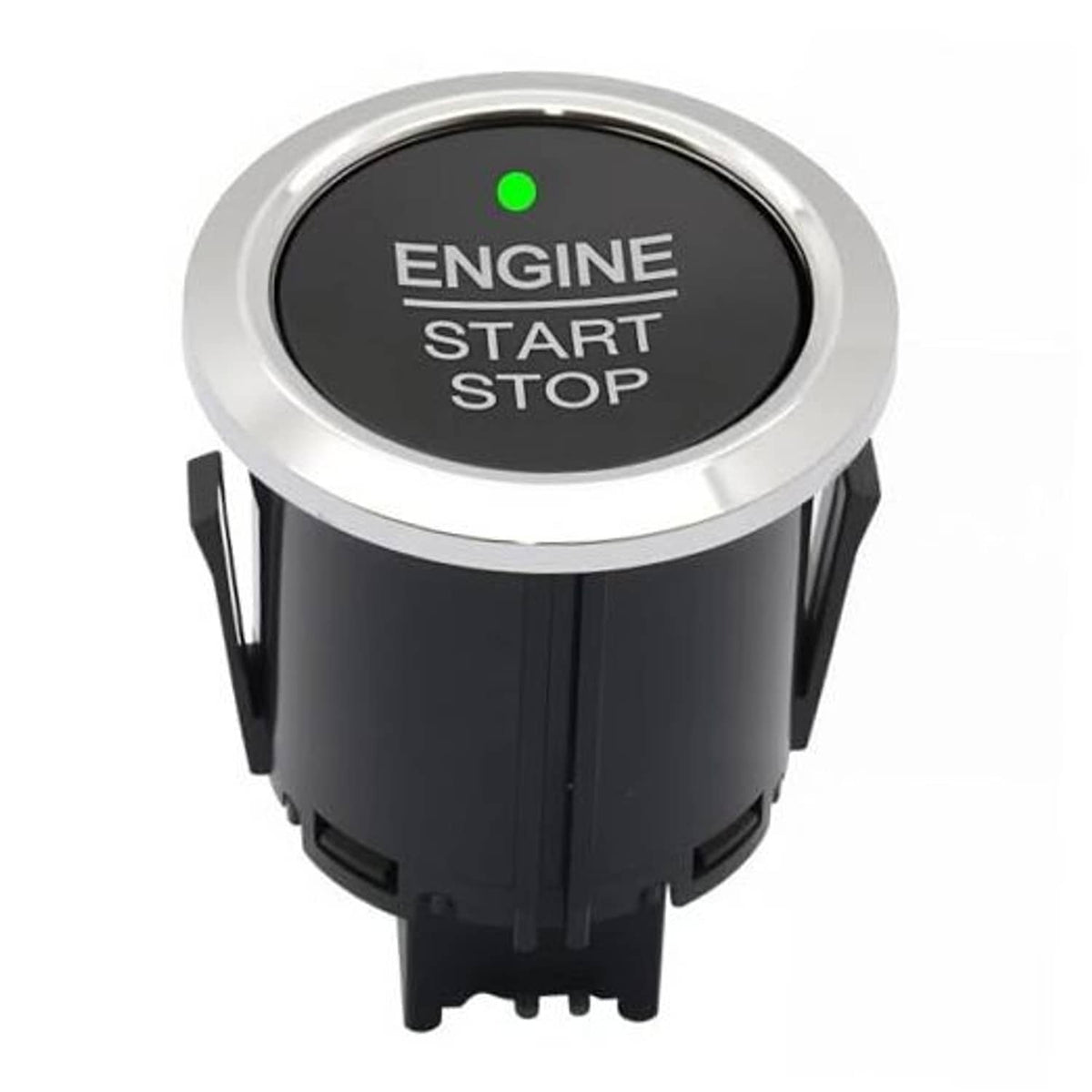 Engine start stop button switch with chrome ring and black face, green indicator dot