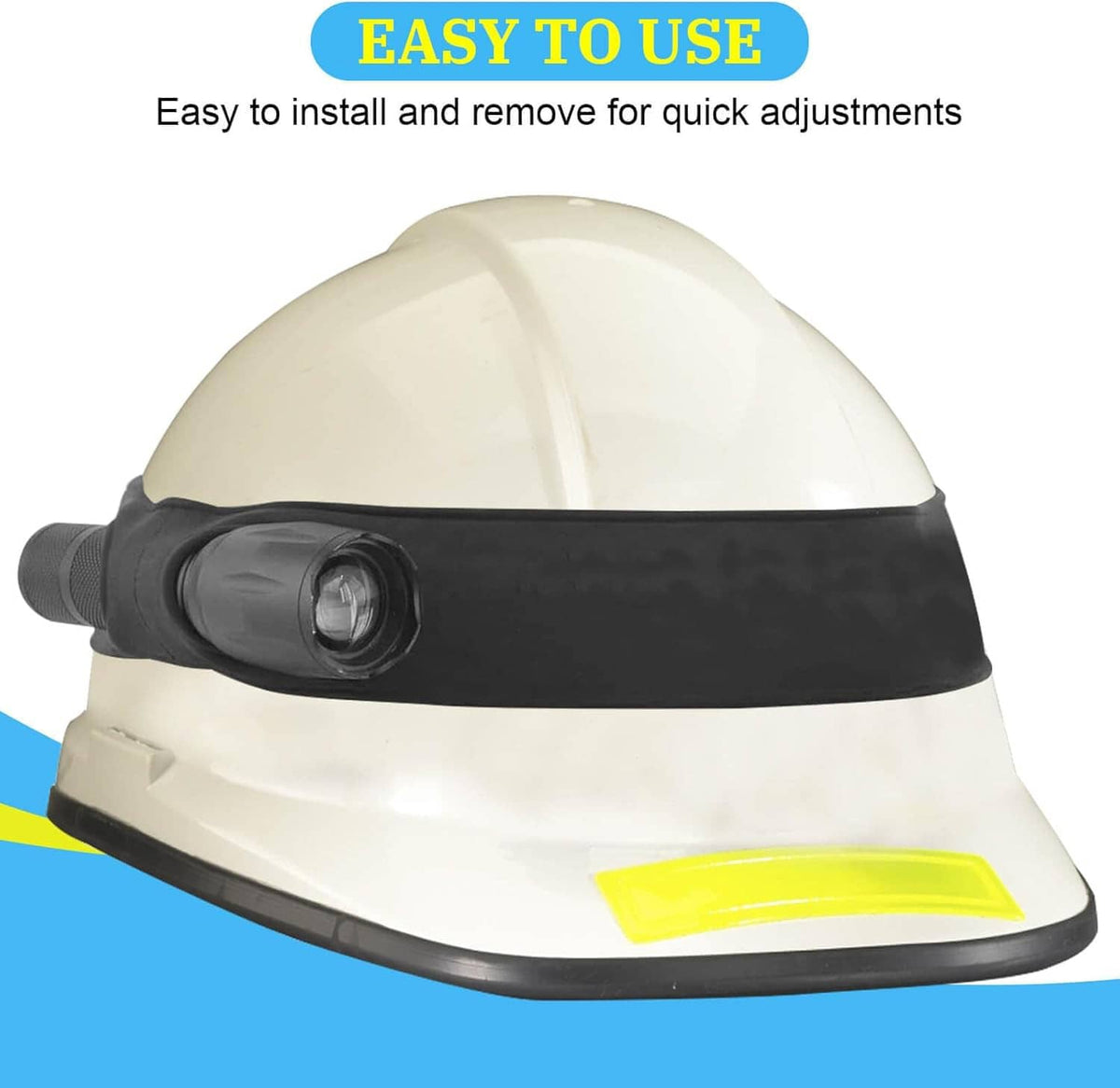 Black helmet band worn across a firefighter helmet, with two side grommet holes