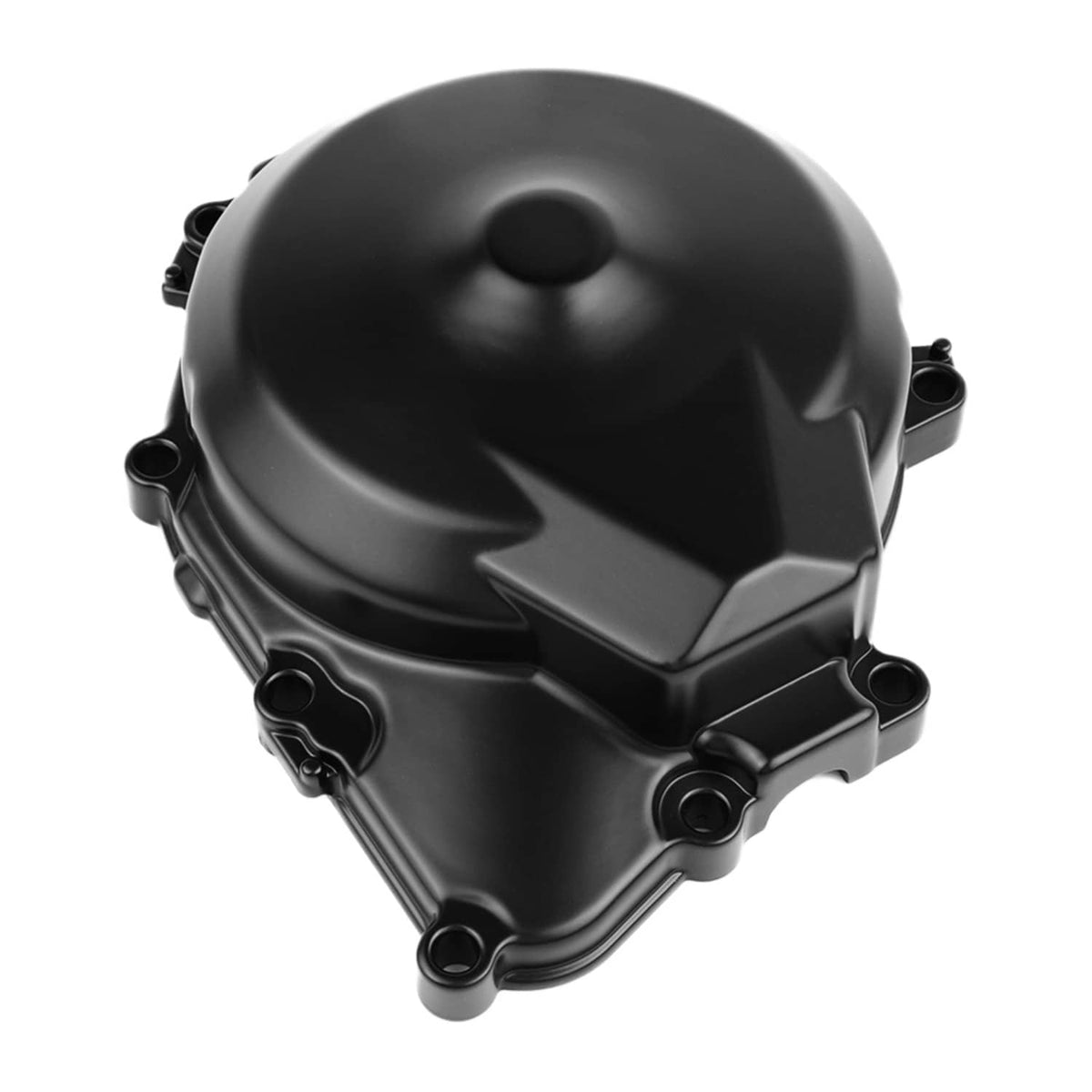 Left motorcycle engine stator cover, matte black aluminum with mounting bolt holes