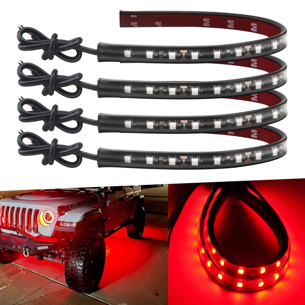 Waterproof red LED light strip set on black flexible tubing, with mounting clips