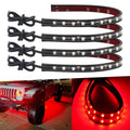 Waterproof red LED light strip set on black flexible tubing, with mounting clips