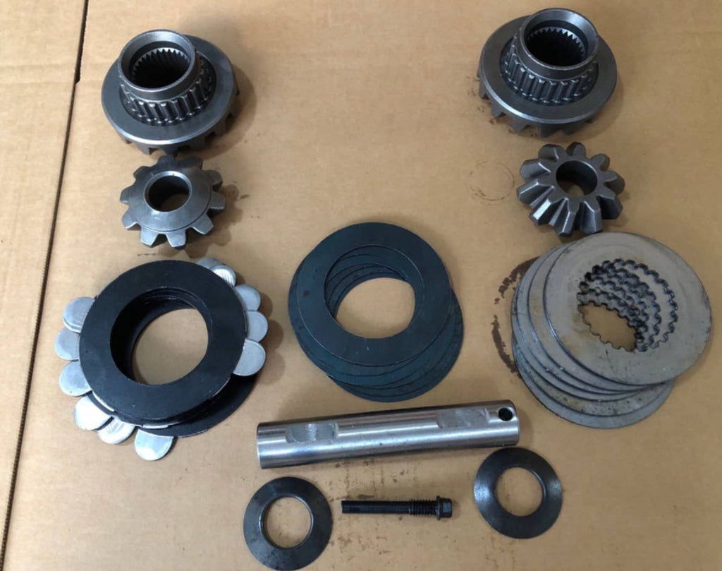 Limited-slip differential clutch pack kit components with gears, washers, and shafts