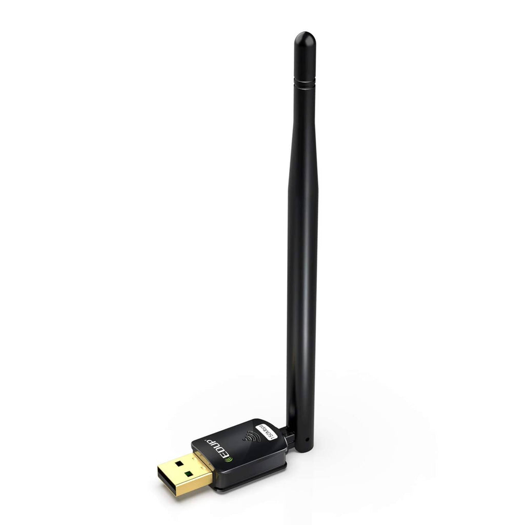 USB WiFi adapter with tall black 6dBi antenna and gold USB connector