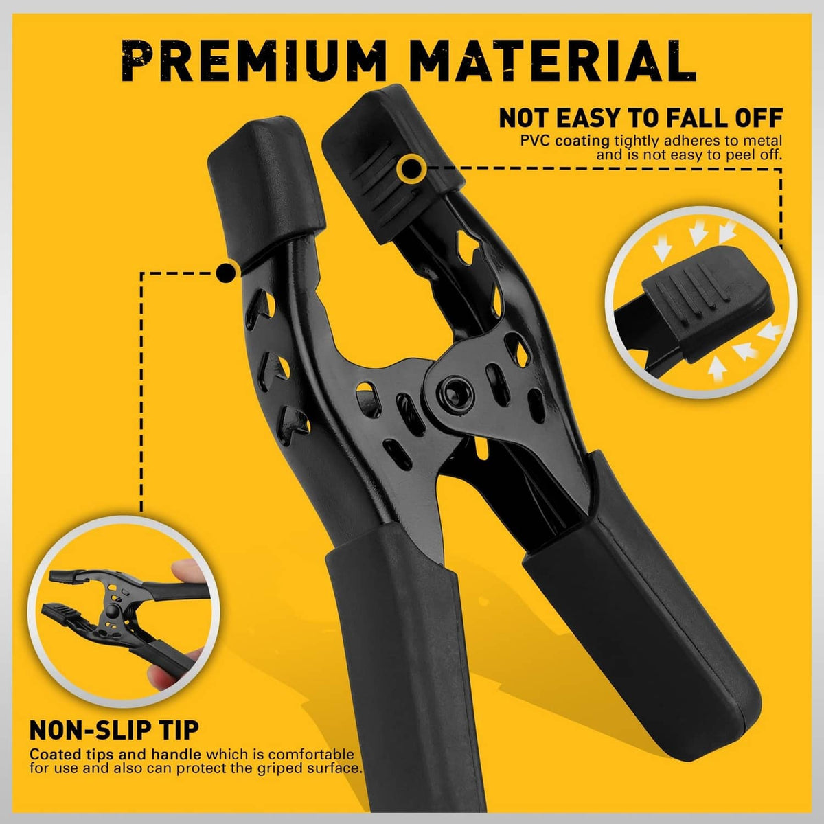 Black spring clamp with non-slip, PVC-coated tips and textured grip handles