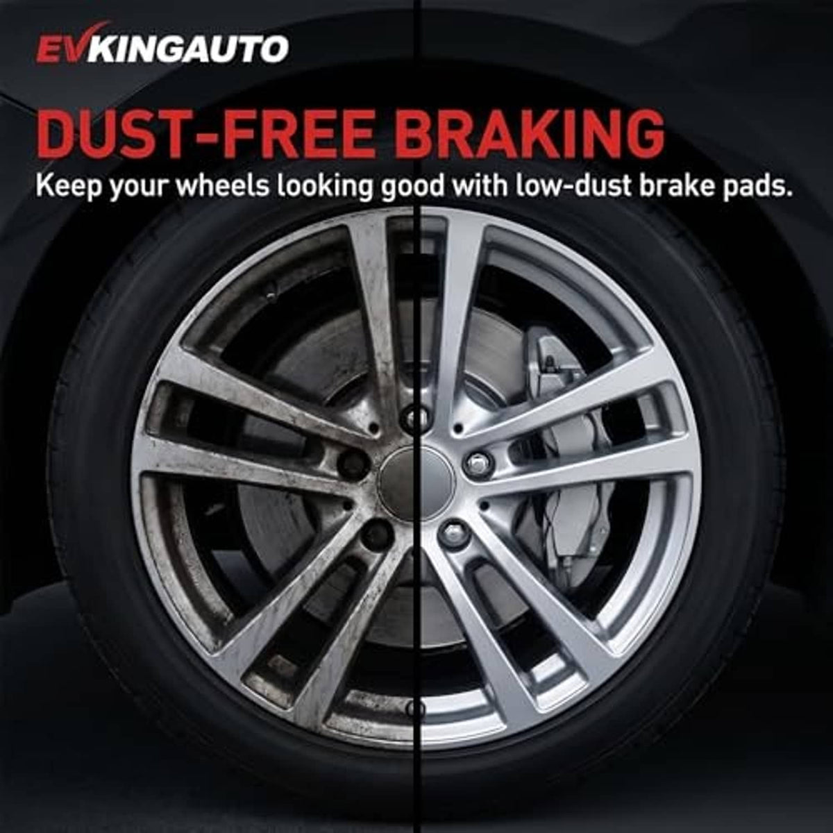 Ceramic brake pads mounted near a wheel rotor, gray pad surface in view