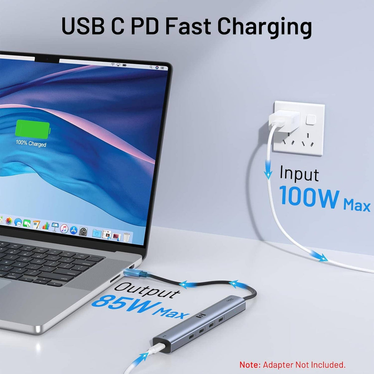 USB-C hub with USB-C Power Delivery charging ports, dark gray metal body