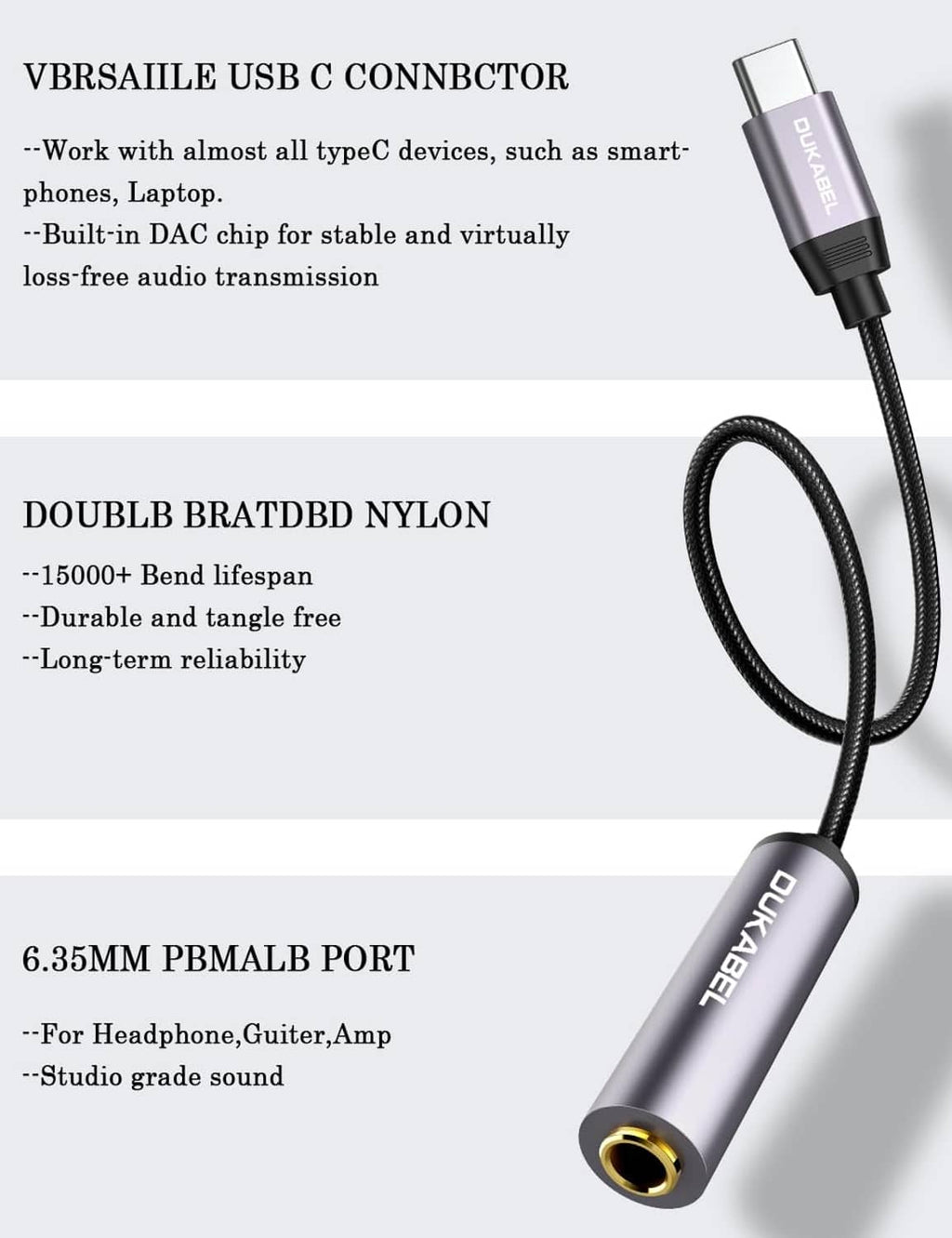 Grey USB-C to 6.35mm audio adapter with braided nylon cable and 1/4 headphone plug