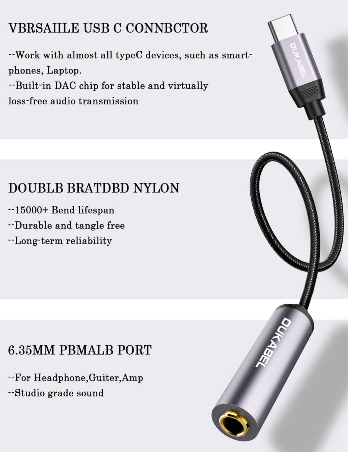 Grey USB-C to 6.35mm audio adapter with braided nylon cable and 1/4 headphone plug