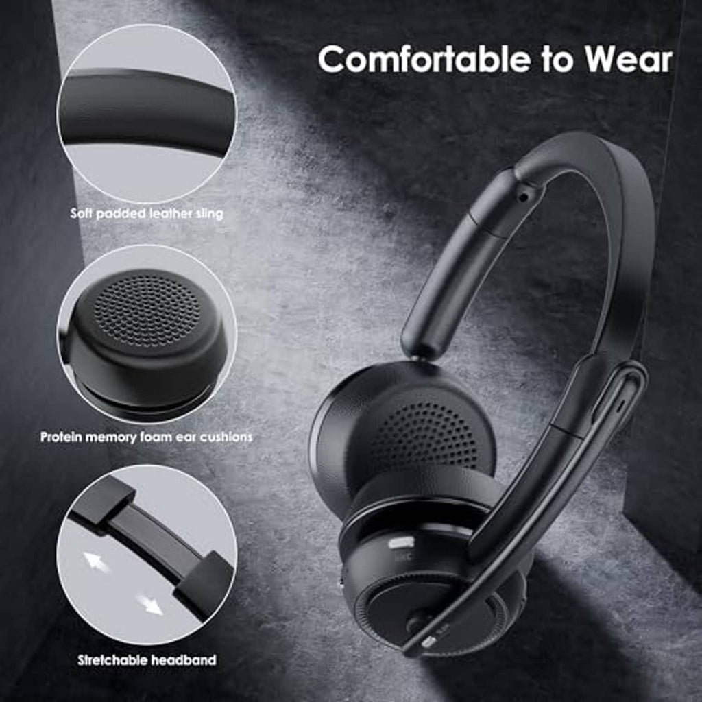 Black over-ear headset with padded headband and foam ear cushions