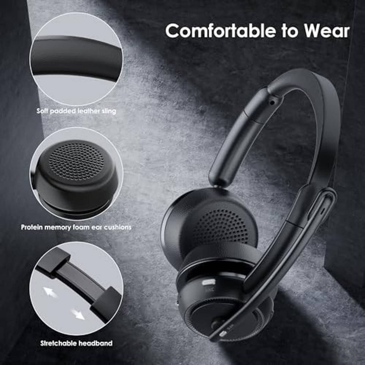 Black over-ear headset with padded headband and foam ear cushions
