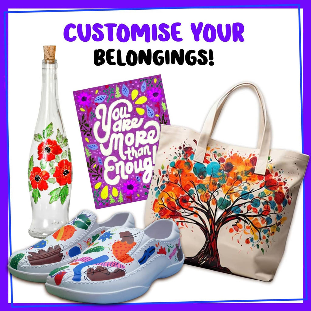 Customized items decorated with colorful oil paint marker art: bottle bag and shoes.