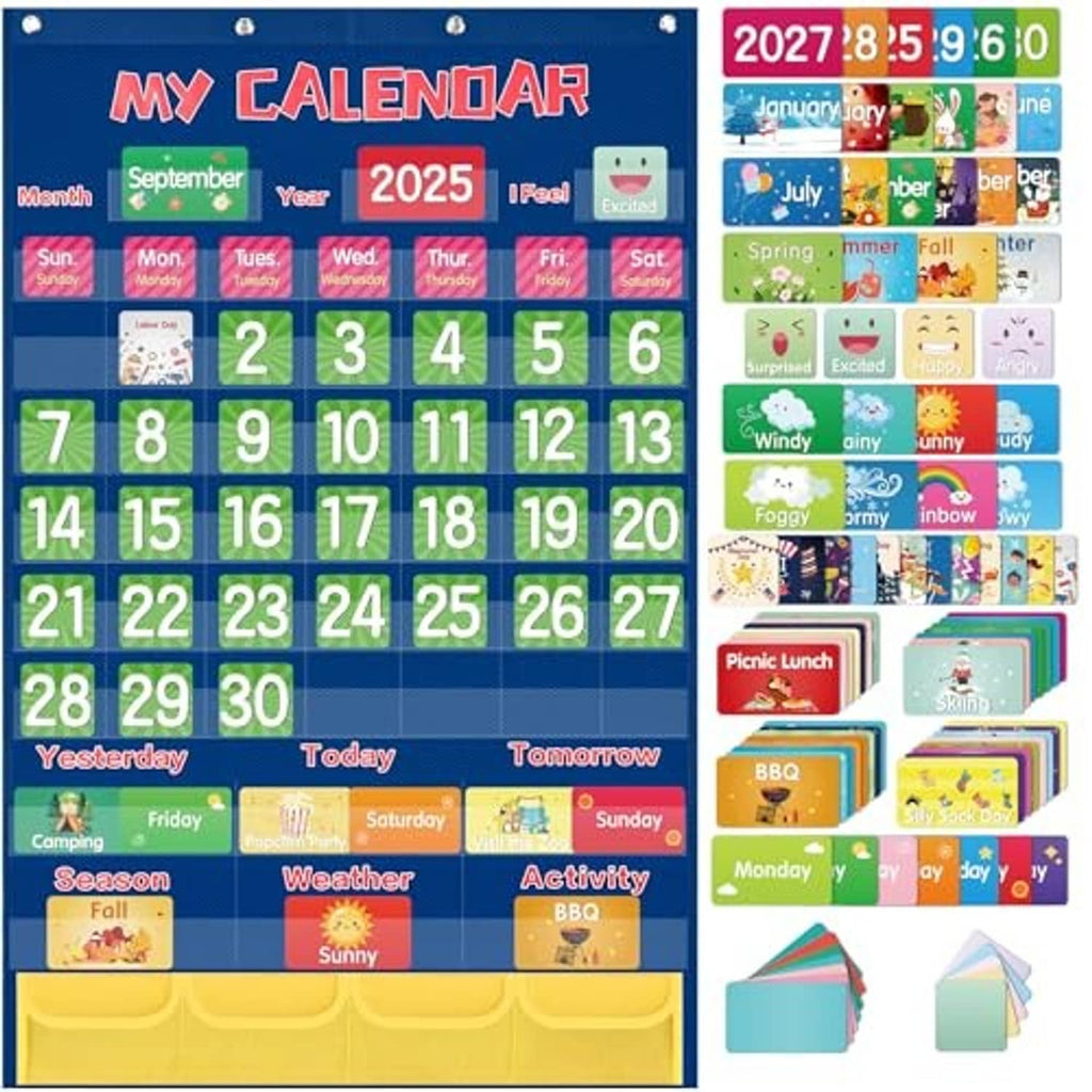Blue classroom pocket calendar chart featuring a 2025 numbered grid and labeled pocket sections
