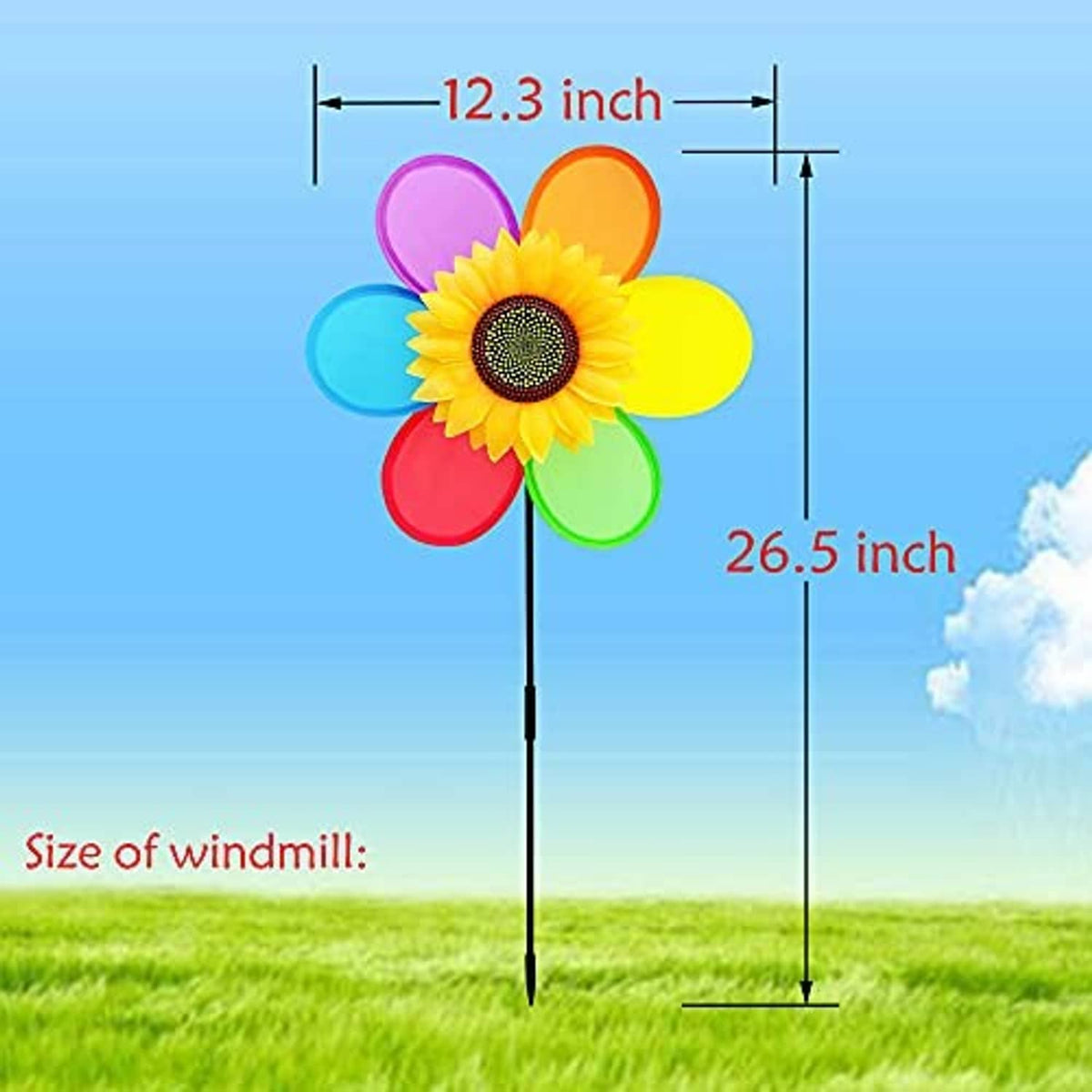 Colorful sunflower pinwheel windmill on black stake, tall yard decoration
