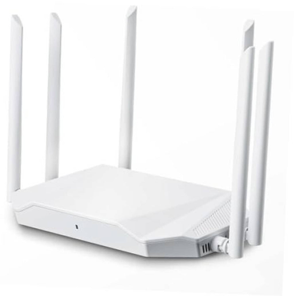 White WiFi router with four external antennas and front status indicator light.