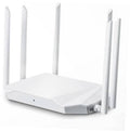 White WiFi router with four external antennas and front status indicator light.