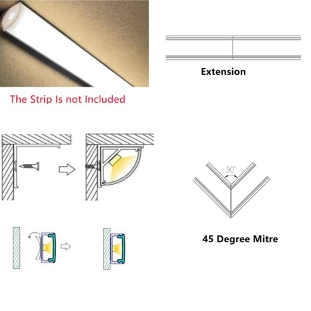 V-shaped LED strip channel corner installation for 45-degree mitre and extensions