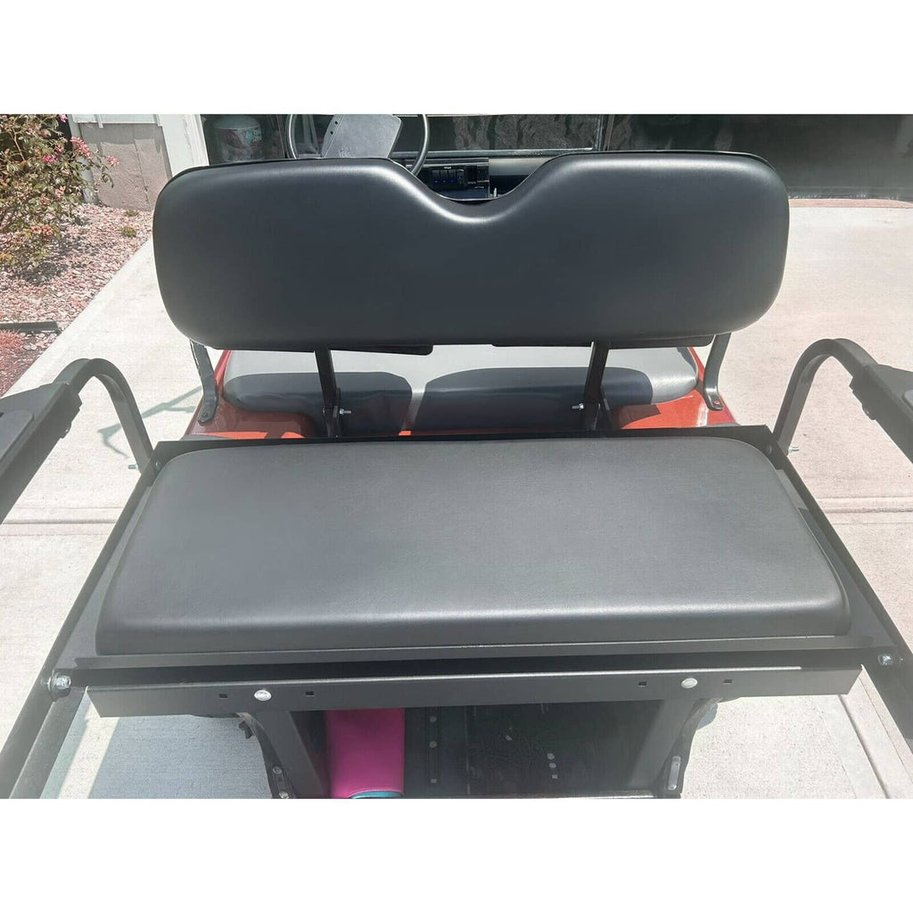 Black flip-folding rear back seat kit with cushioned seat and flat cargo deck
