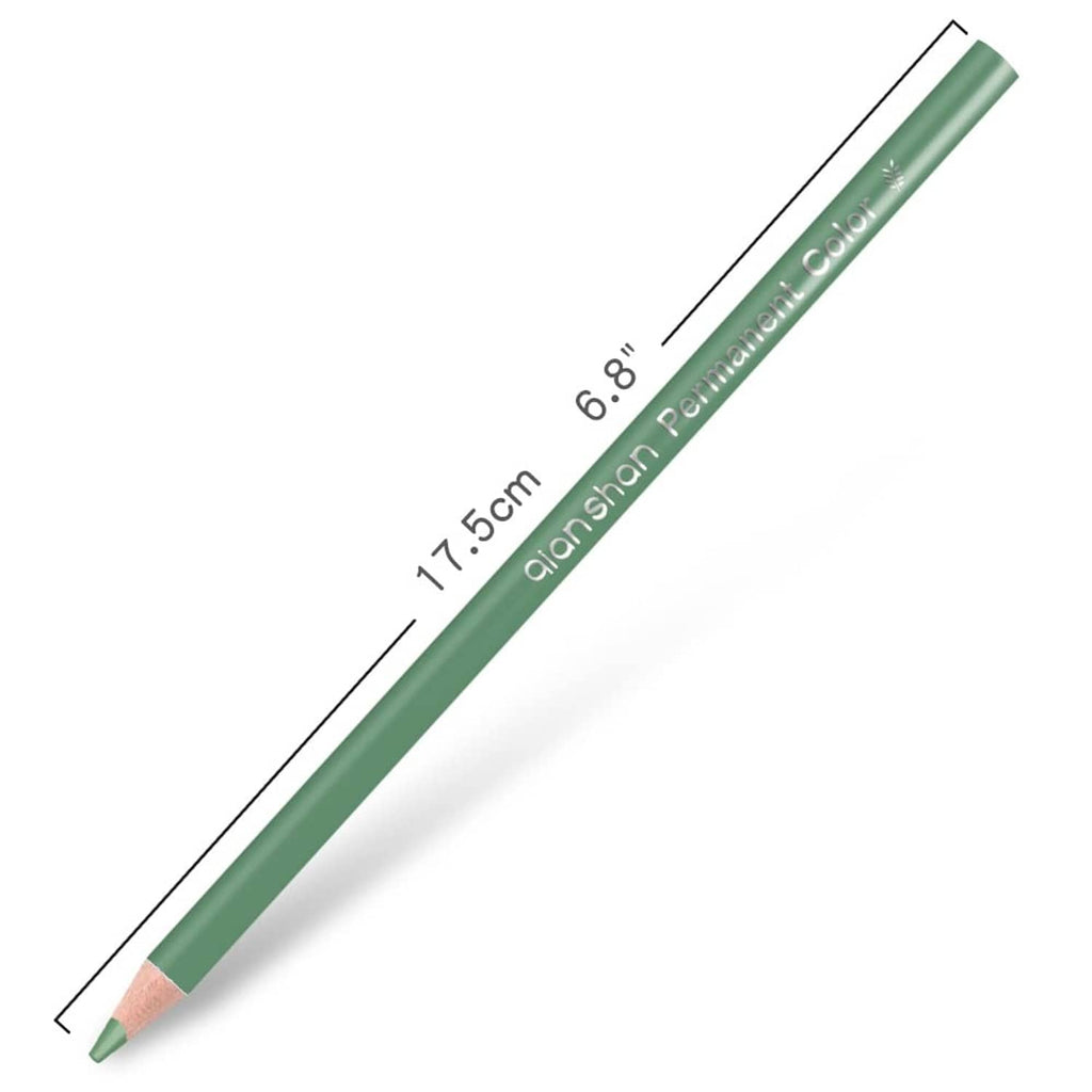 Single green colored pencil, pre-sharpened tip, with size measurement markings