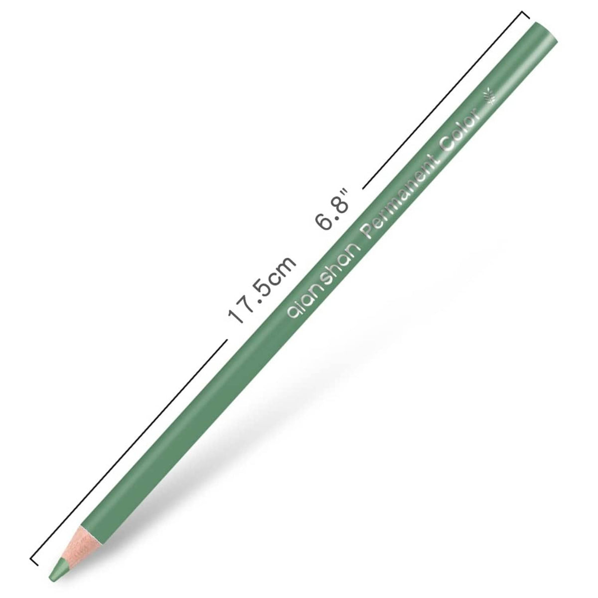Single green colored pencil, pre-sharpened tip, with size measurement markings