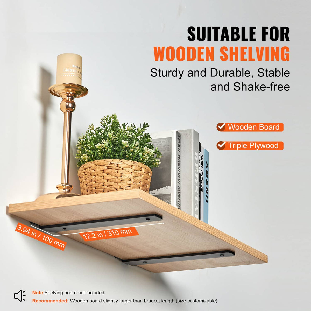 Sturdy floating shelf bracket with black metal arms supporting a light wood shelf