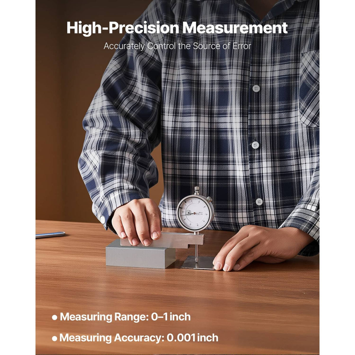 Dial test indicator on metal base measuring a workpiece on a workbench