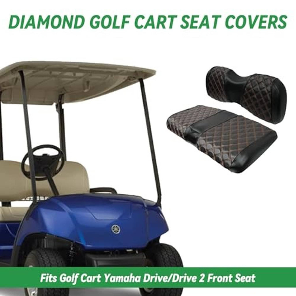 Golf cart seat covers with black diamond-quilted backrest and seat cushion, brown accents