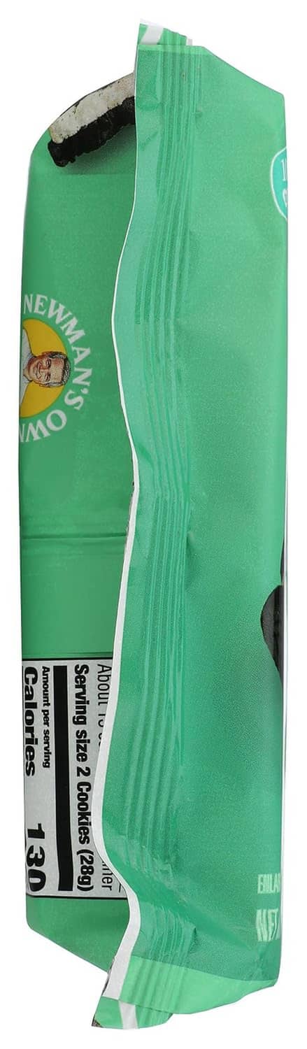 Narrow view of the green Newman O's hint-O-mint cookie package with cookie graphics