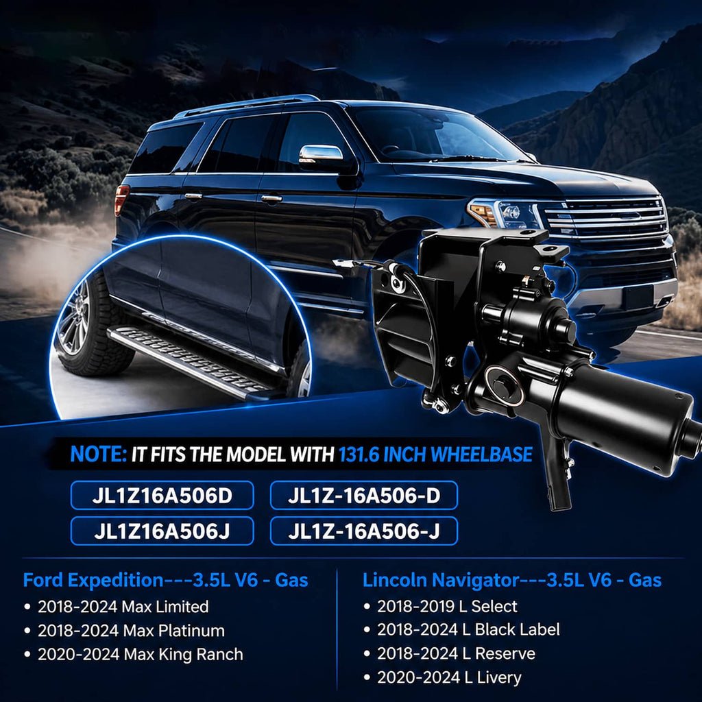 Power running board motor assembly installed on vehicle, black actuator and rod