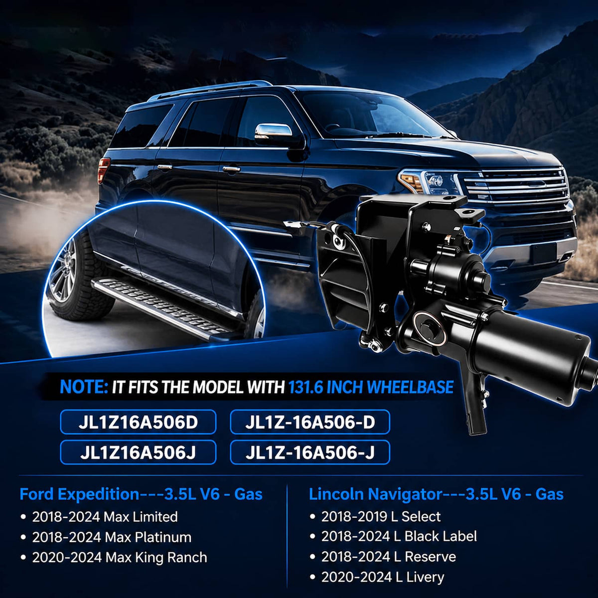 Power running board motor assembly installed on vehicle, black actuator and rod