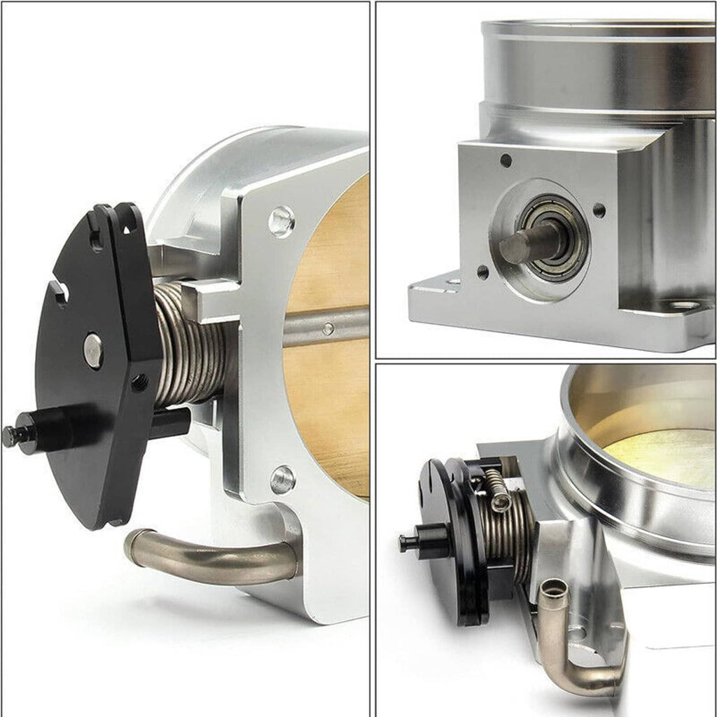 Aluminum throttle body with gold bore and black sensor plug, side view