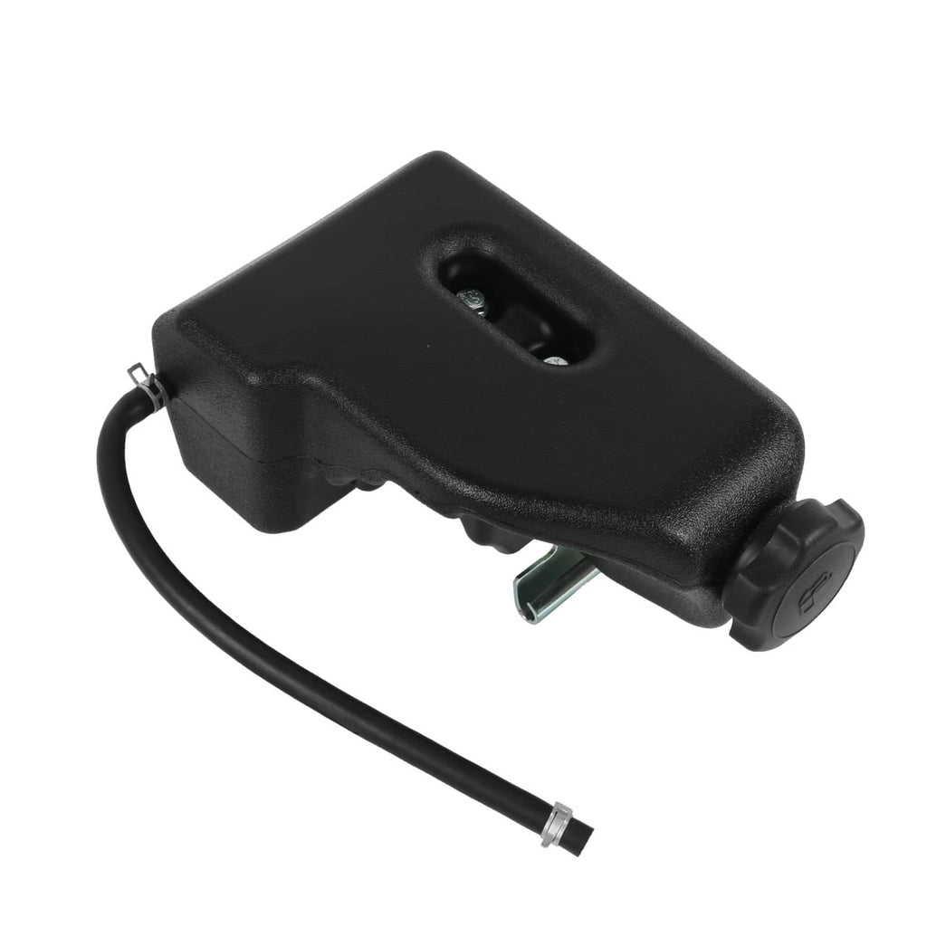 Black fuel tank with cap and outlet tube, compact housing with attached hose