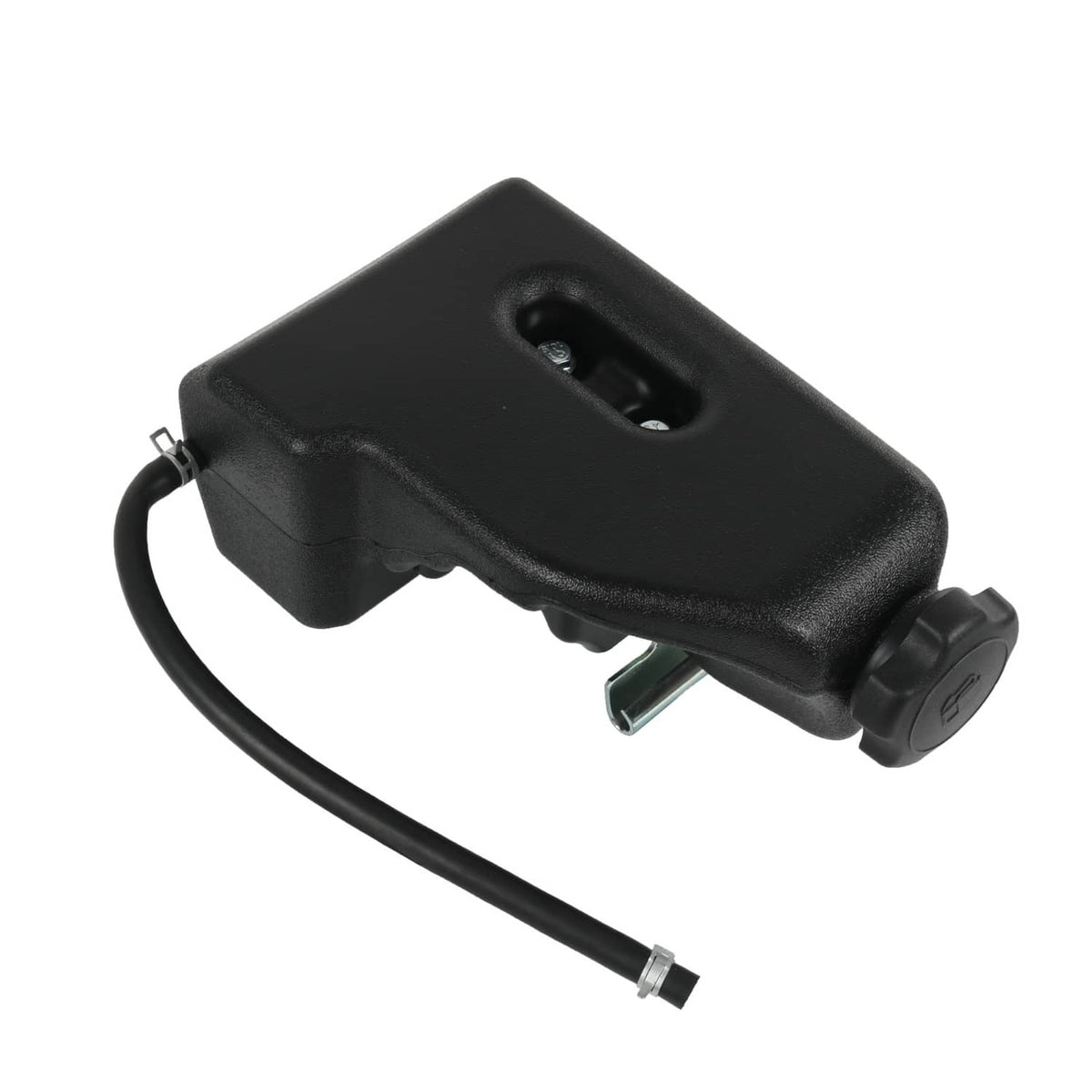 Black fuel tank with cap and outlet tube, compact housing with attached hose