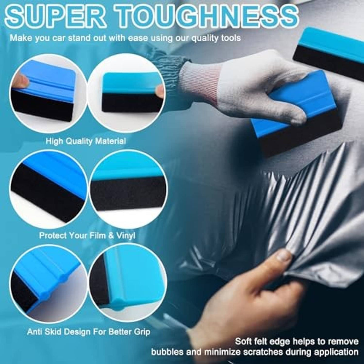 Blue felt-edge window tint squeegee applying wrap to smooth glass surface