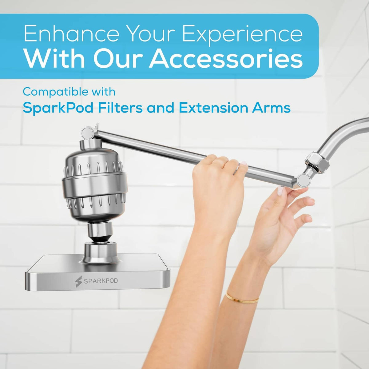 Polished chrome shower head with matching accessory diverter and hose connection