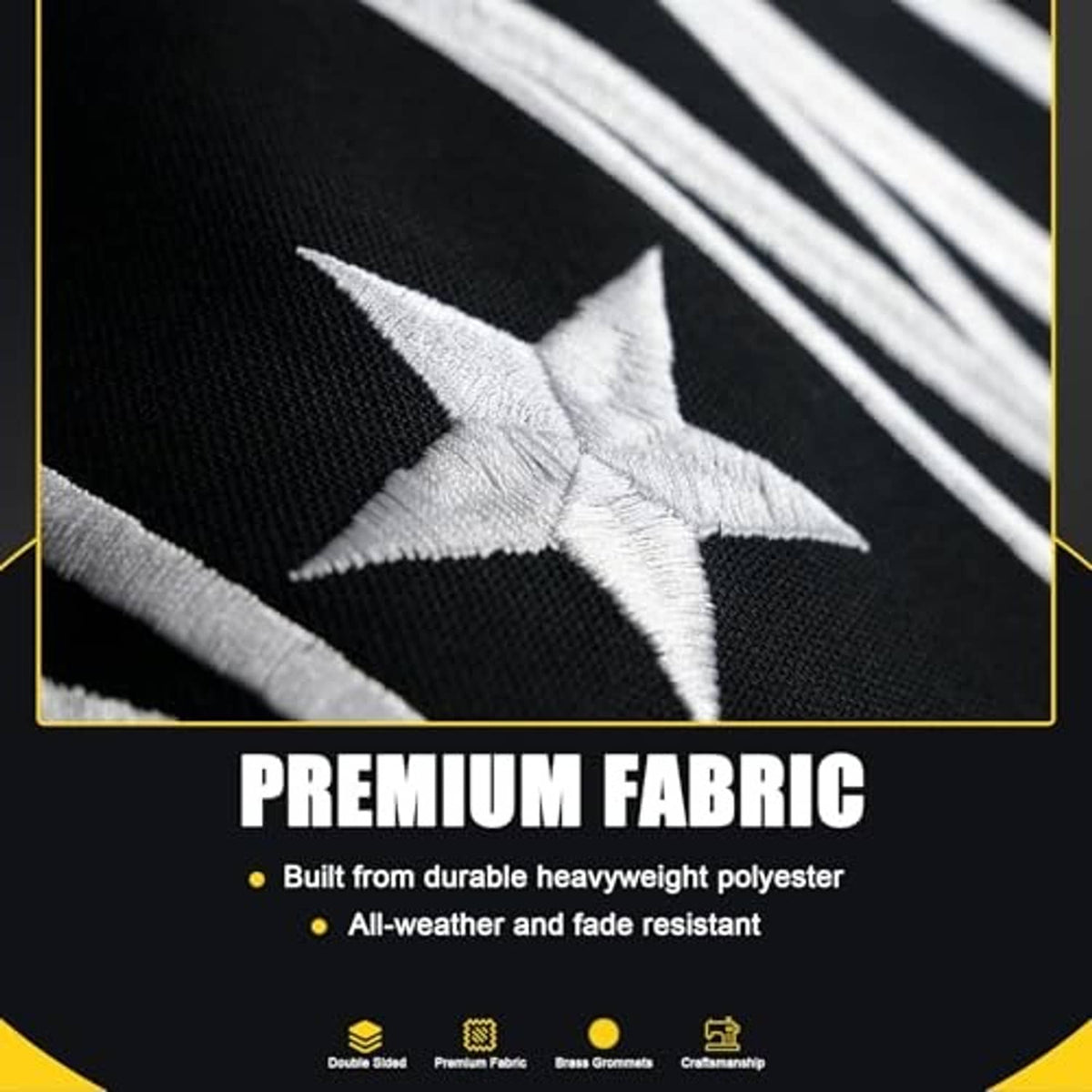 Premium fabric close-up with embroidered white star and diagonal stitched lines