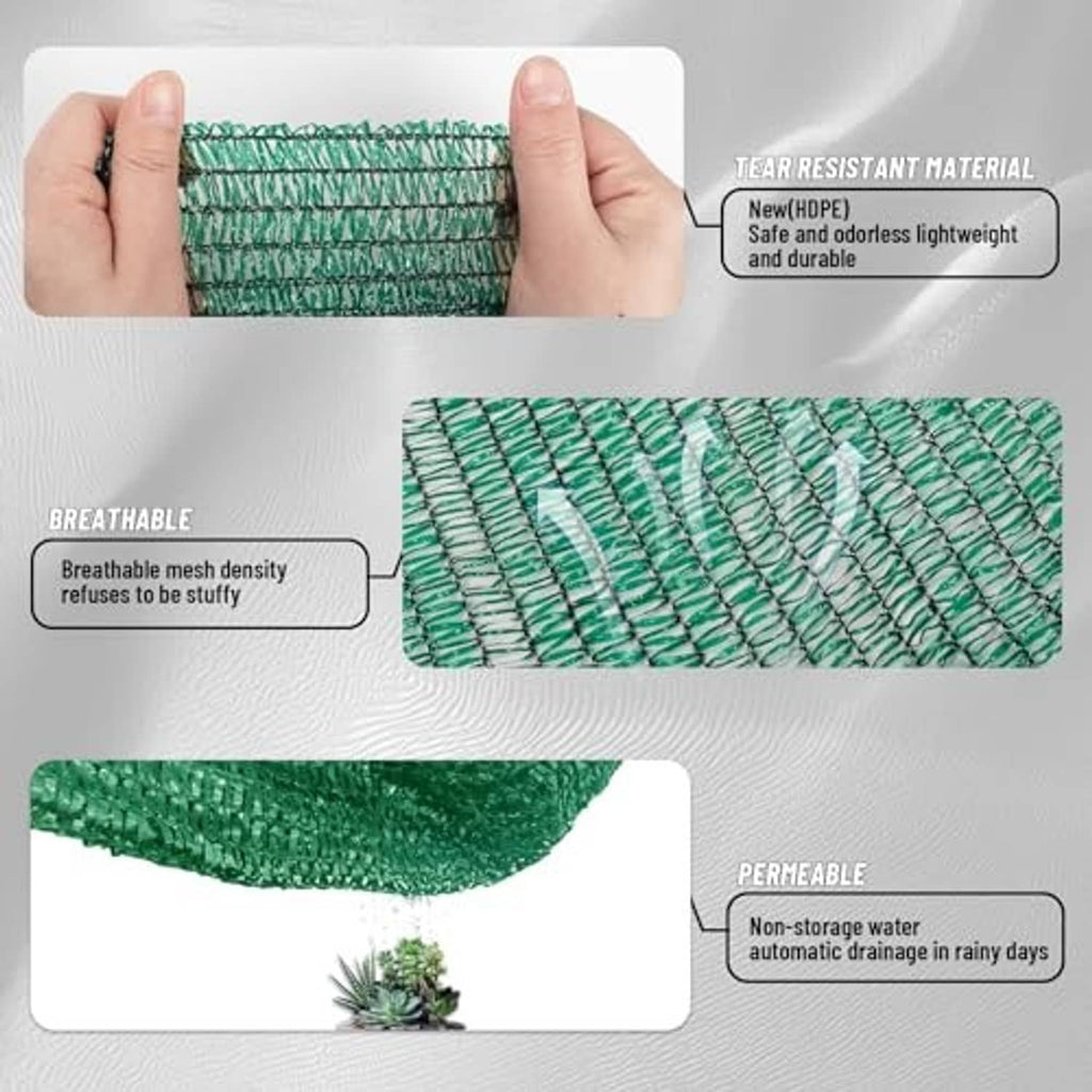 Green mesh shade tarp fabric in close-up, breathable woven pattern.