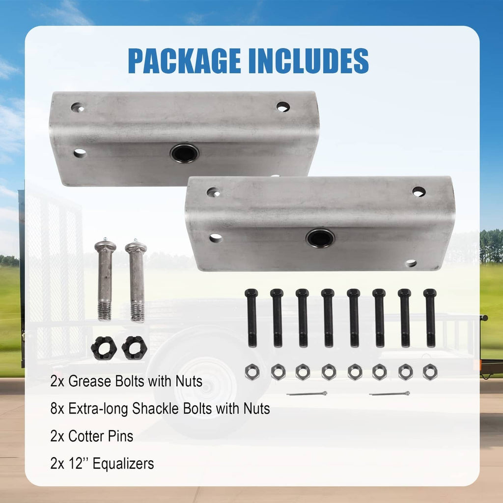 Trailer equalizer kit in package: two brackets, bolts, pins, and nuts