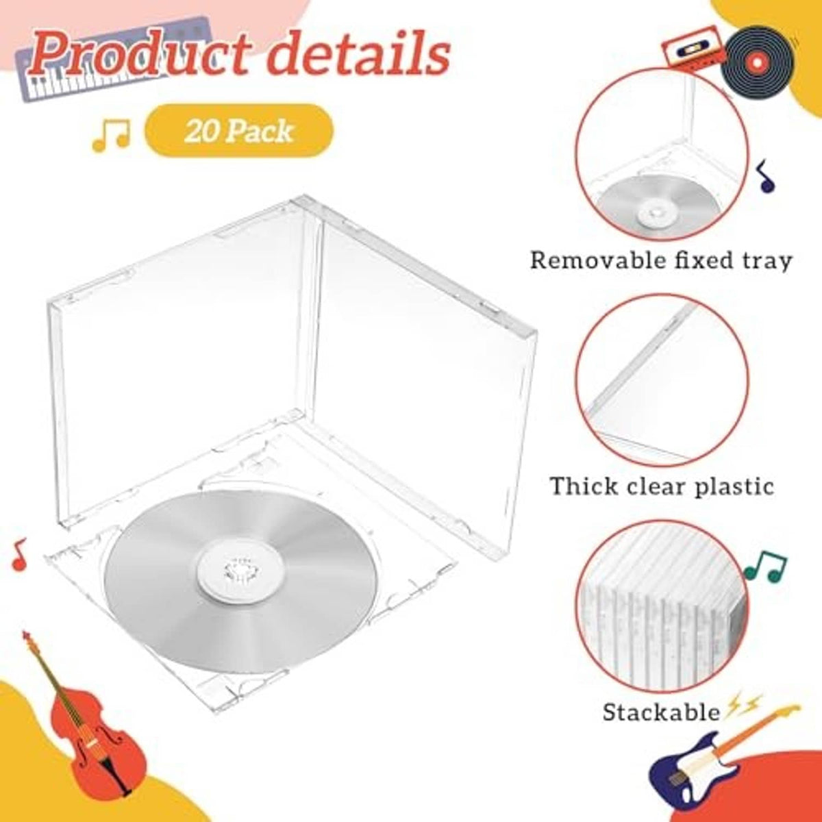 Clear CD jewel case with removable fixed disc tray and thick plastic body